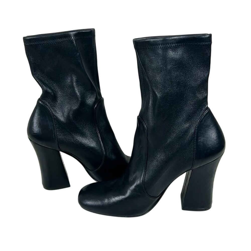 Stuart Weitzman Womens 9 Black Leather Curveblock Square Toe Slip On Boots NEW